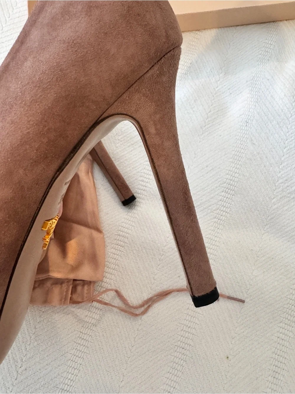 Prada Taupe Suede Bow Peep-Toe Pumps